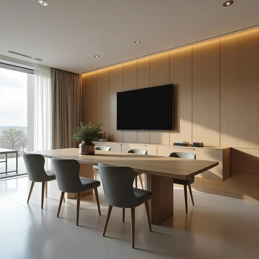 a photo of a minimalist dining area with a retractable TV hidden in the ceiling