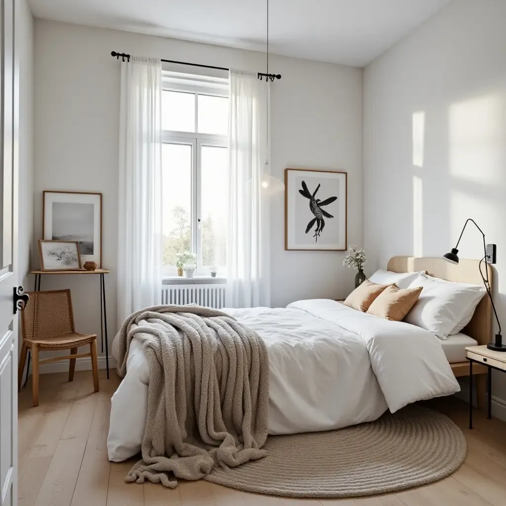 a photo of a Scandinavian bedroom with an inviting atmosphere and cozy blankets