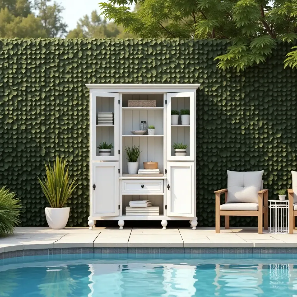 a photo of a chic outdoor cabinet for pool supplies