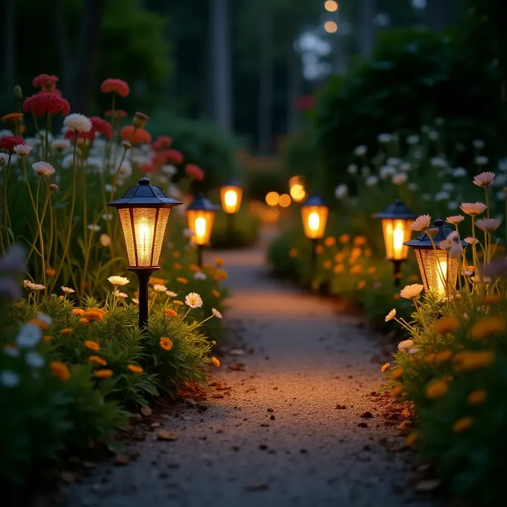 a photo of a whimsical garden path lined with solar-powered lanterns and flowers