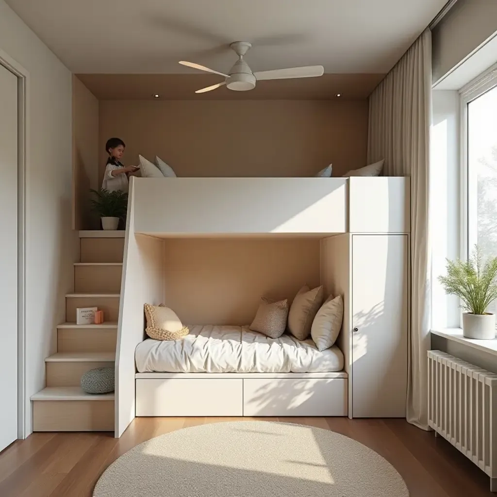 a photo of a sleek kids&#x27; bedroom featuring a loft bed and cozy reading nook