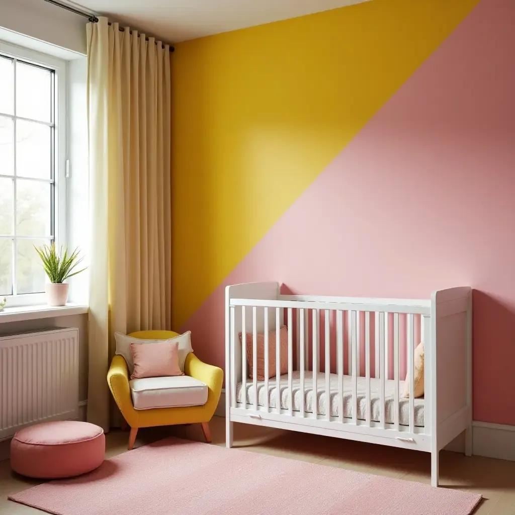 a photo of a bright small nursery with bold accent colors