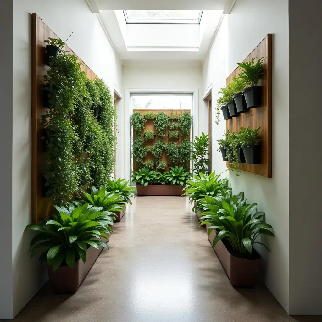 a photo of a narrow corridor with a wall-mounted herb garden