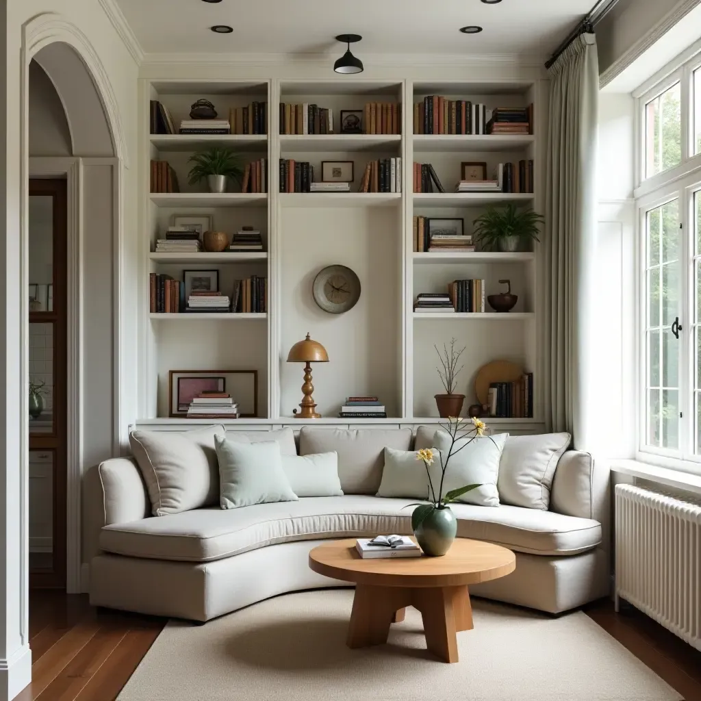 a photo of a breakfast nook with a built-in bookshelf and comfortable seating