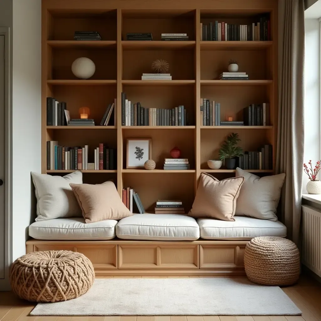 a photo of a cozy reading corner with storage cushions