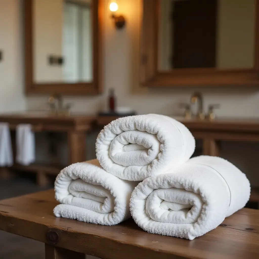 a photo of fluffy towels in a rustic bathroom setting