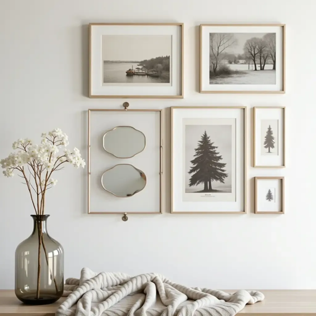 a photo of a gallery wall with framed mirrors and artistic prints