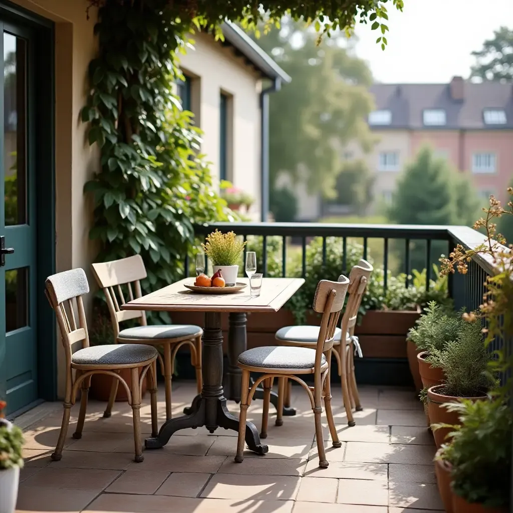 a photo of a balcony with a vintage table and mismatched chairs