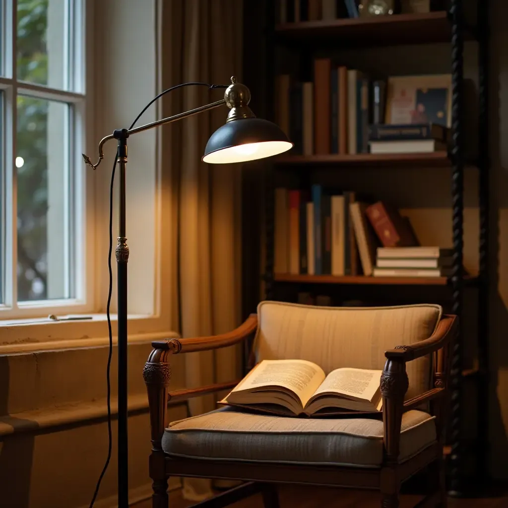 a photo of a reading corner with a metal floor lamp and vintage books