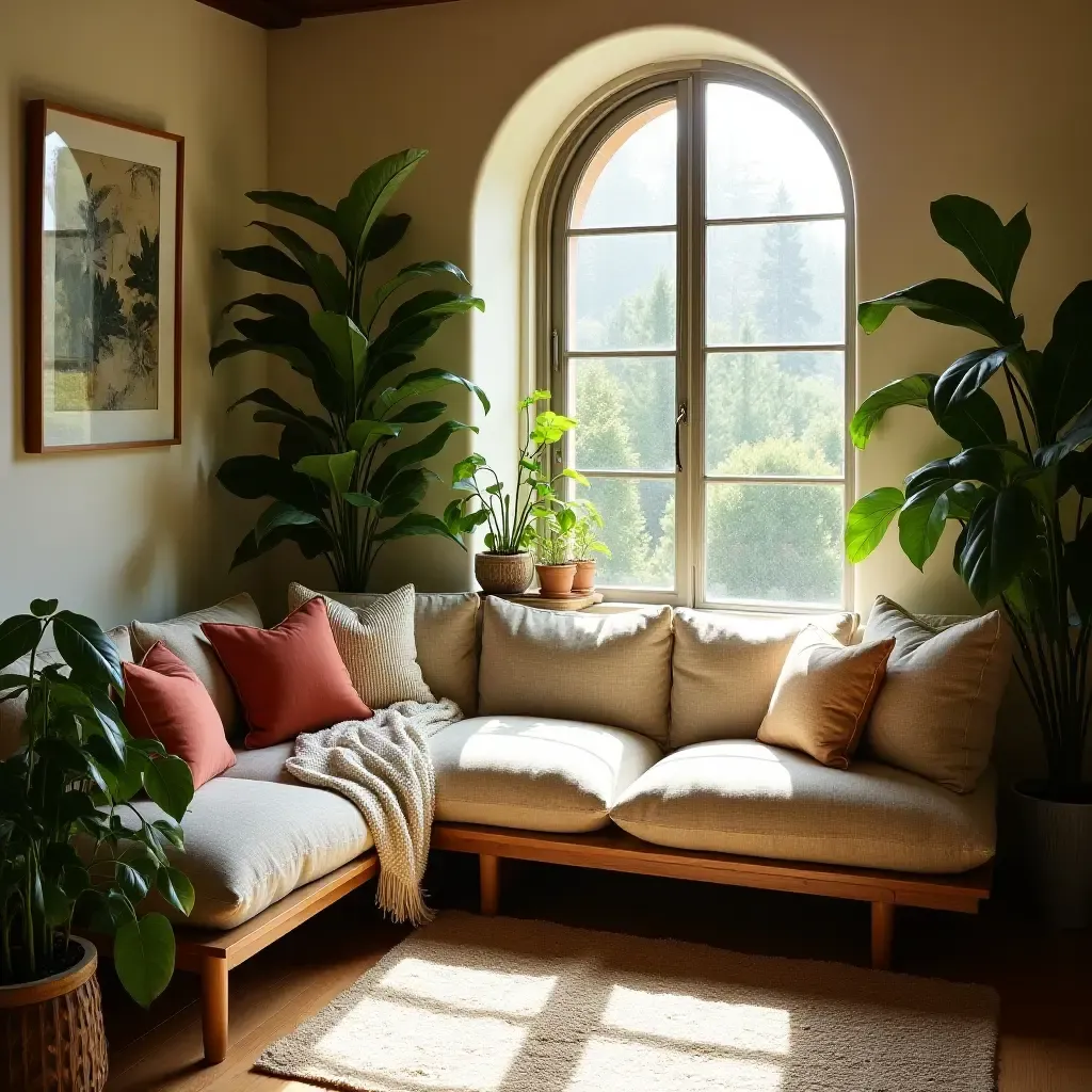 a photo of a reading nook surrounded by Mediterranean plants and natural light