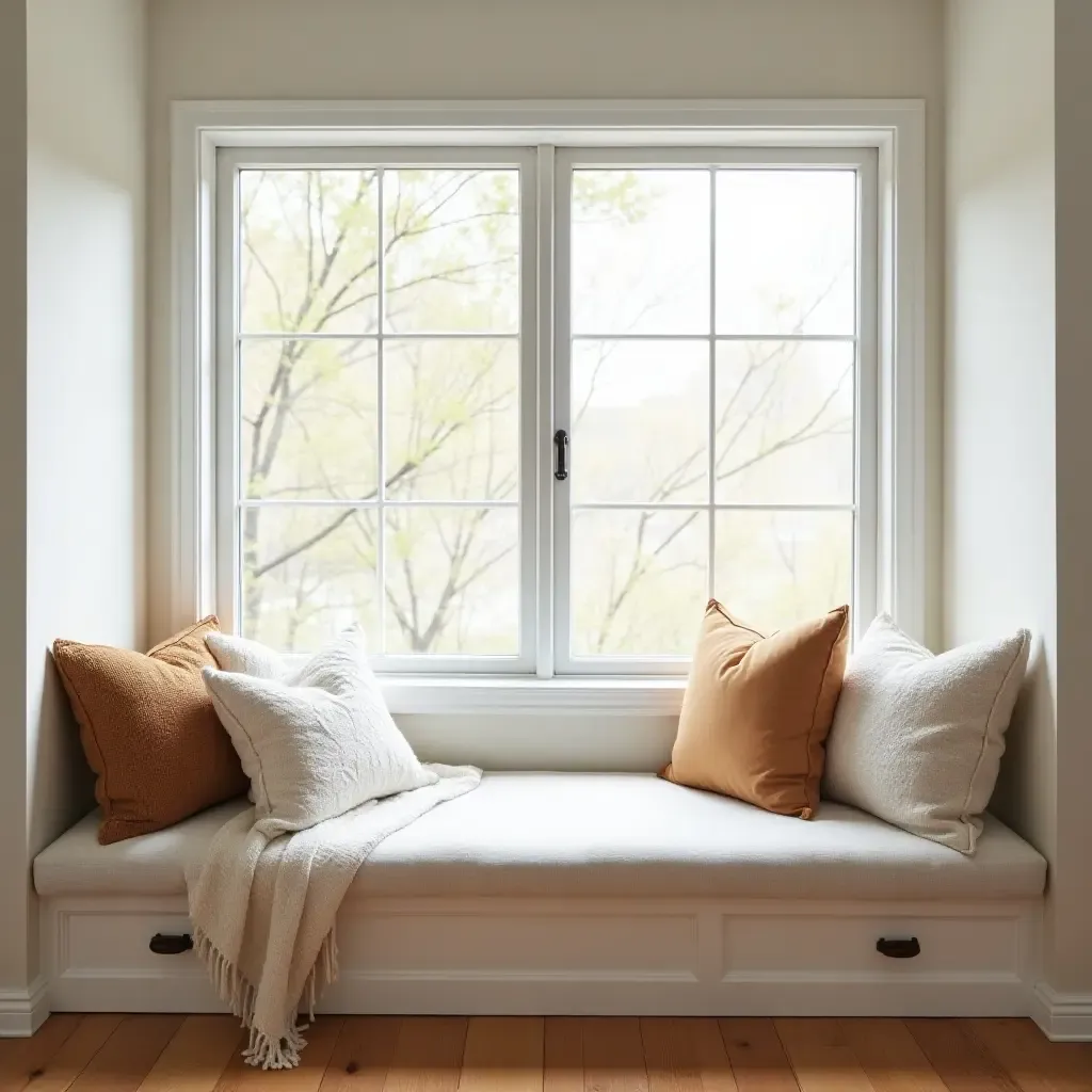 a photo of a bright reading nook with oversized pillows and a window seat