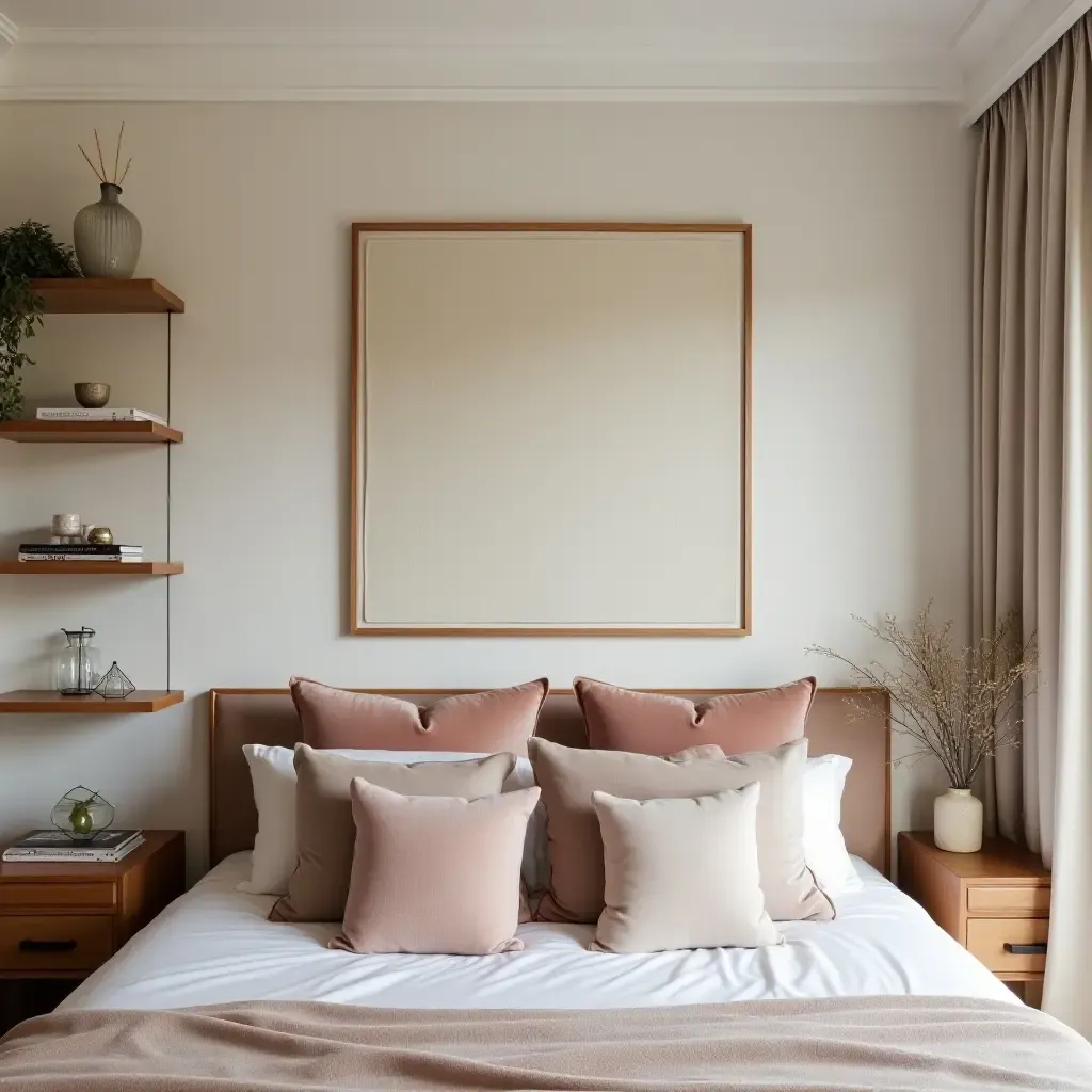 a photo of a serene bedroom design using velvet cushions, wooden shelves, and linen wall art