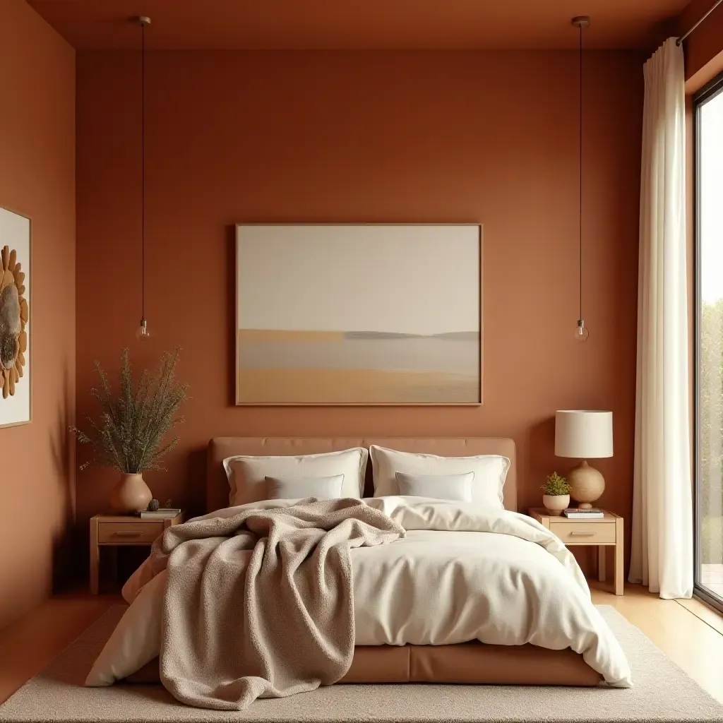 a photo of a warm terracotta and cream bedroom with earthy decor