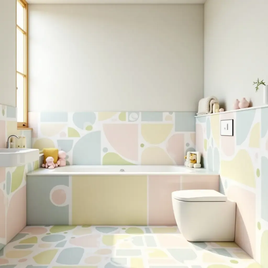 a photo of a bright bathroom with pastel-colored tiles and playful shapes