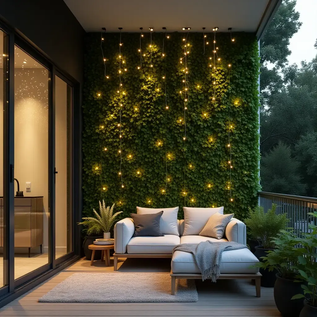 a photo of a modern balcony with a green wall and fairy lights