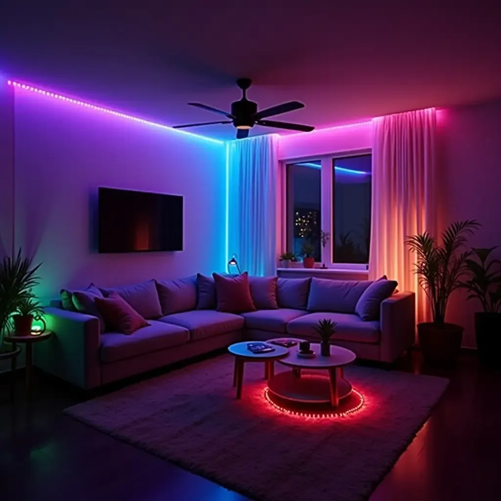 a photo of a small living room illuminated by colorful LED strips