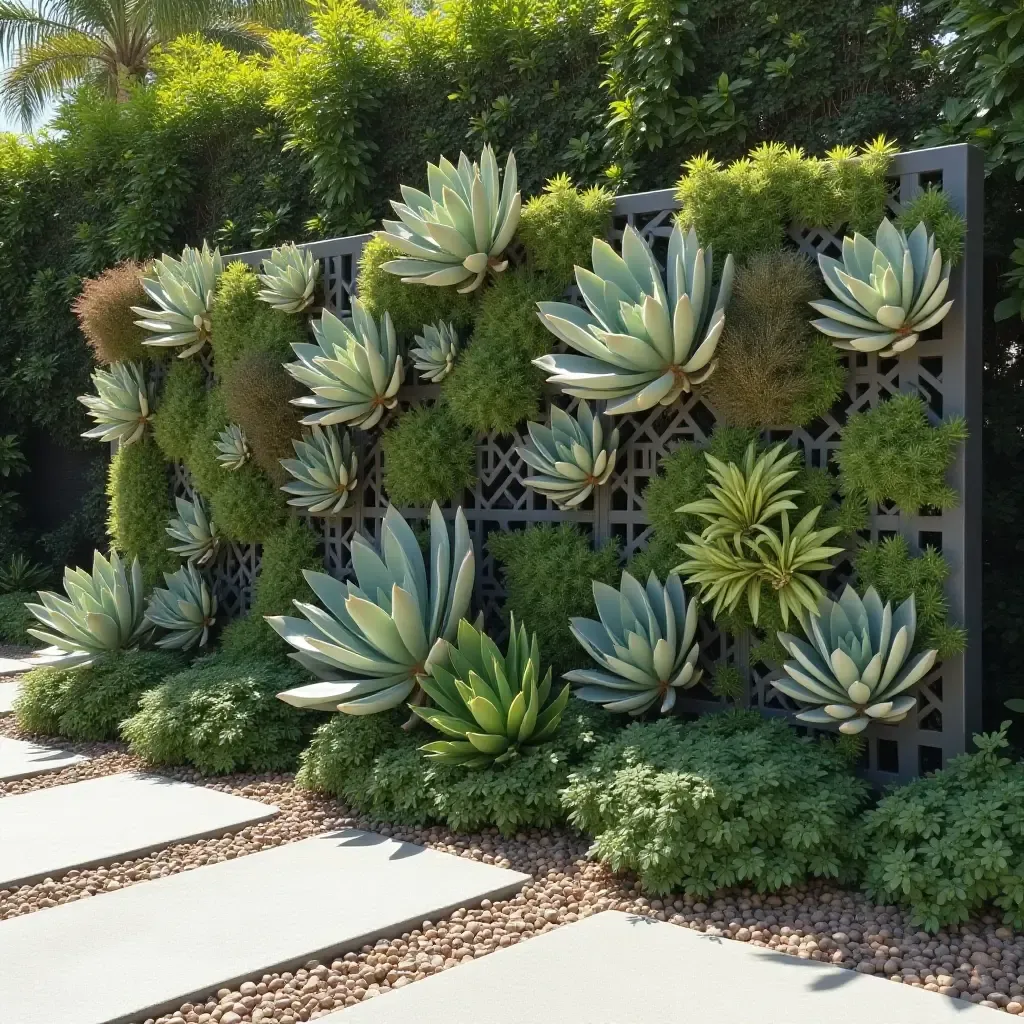 a photo of a modern geometric garden wall with succulents