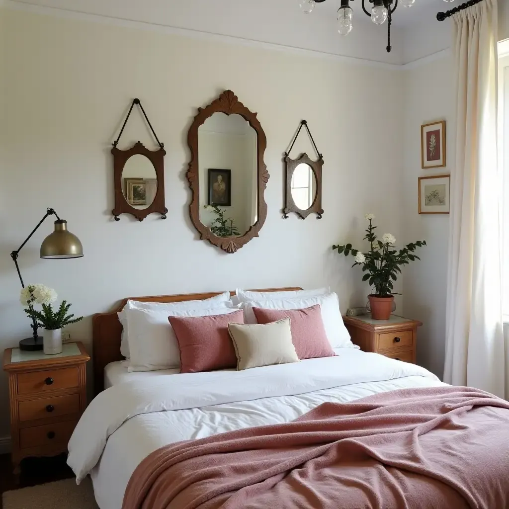 a photo of a bohemian bedroom featuring vintage mirrors for a spacious feel