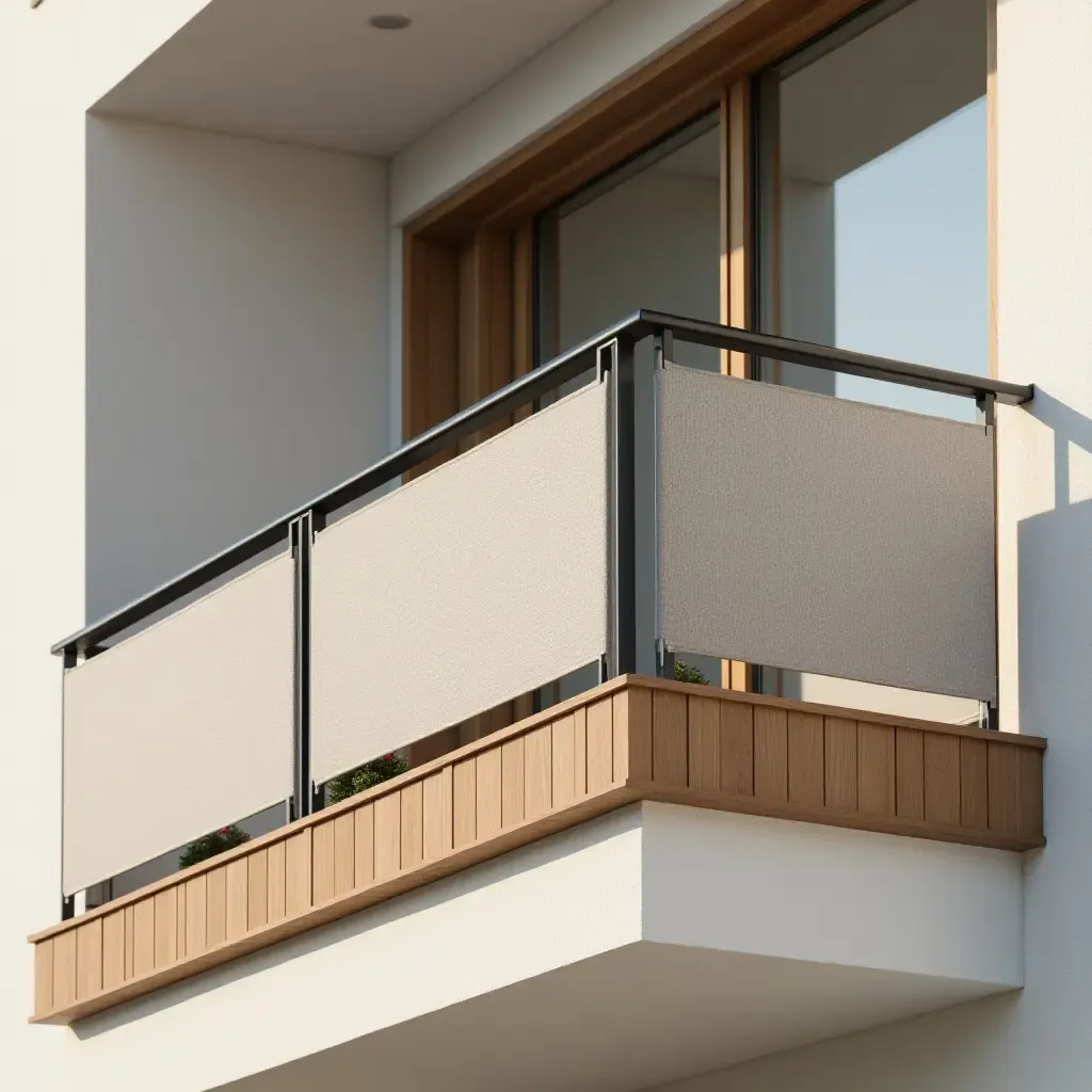 a photo of a balcony with layered textures: soft fabric, smooth wood, and shiny metal