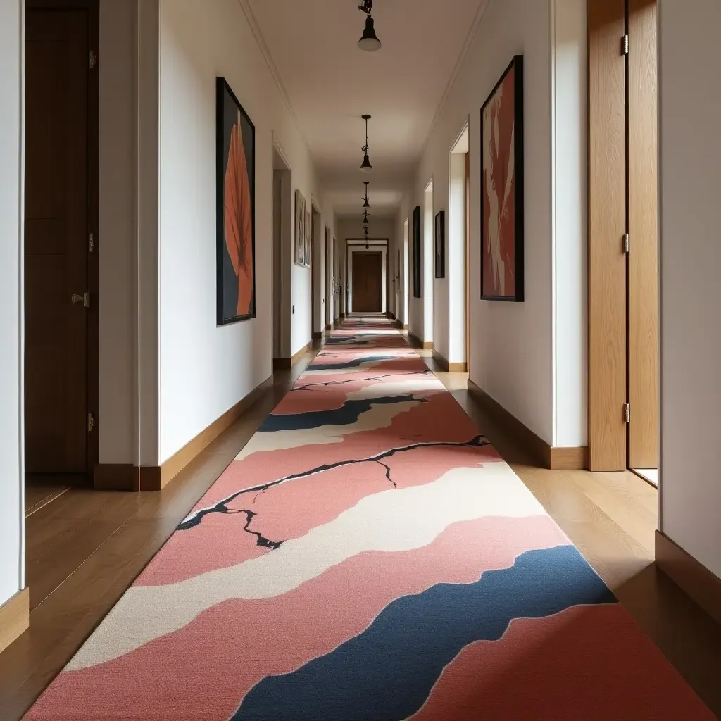 a photo of a bold, asymmetrical rug design in a trendy corridor