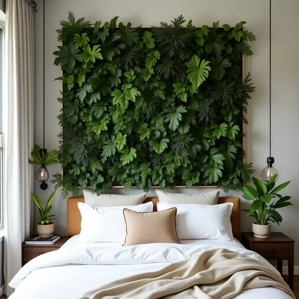 a photo of a bedroom with a green wall art made of live plants