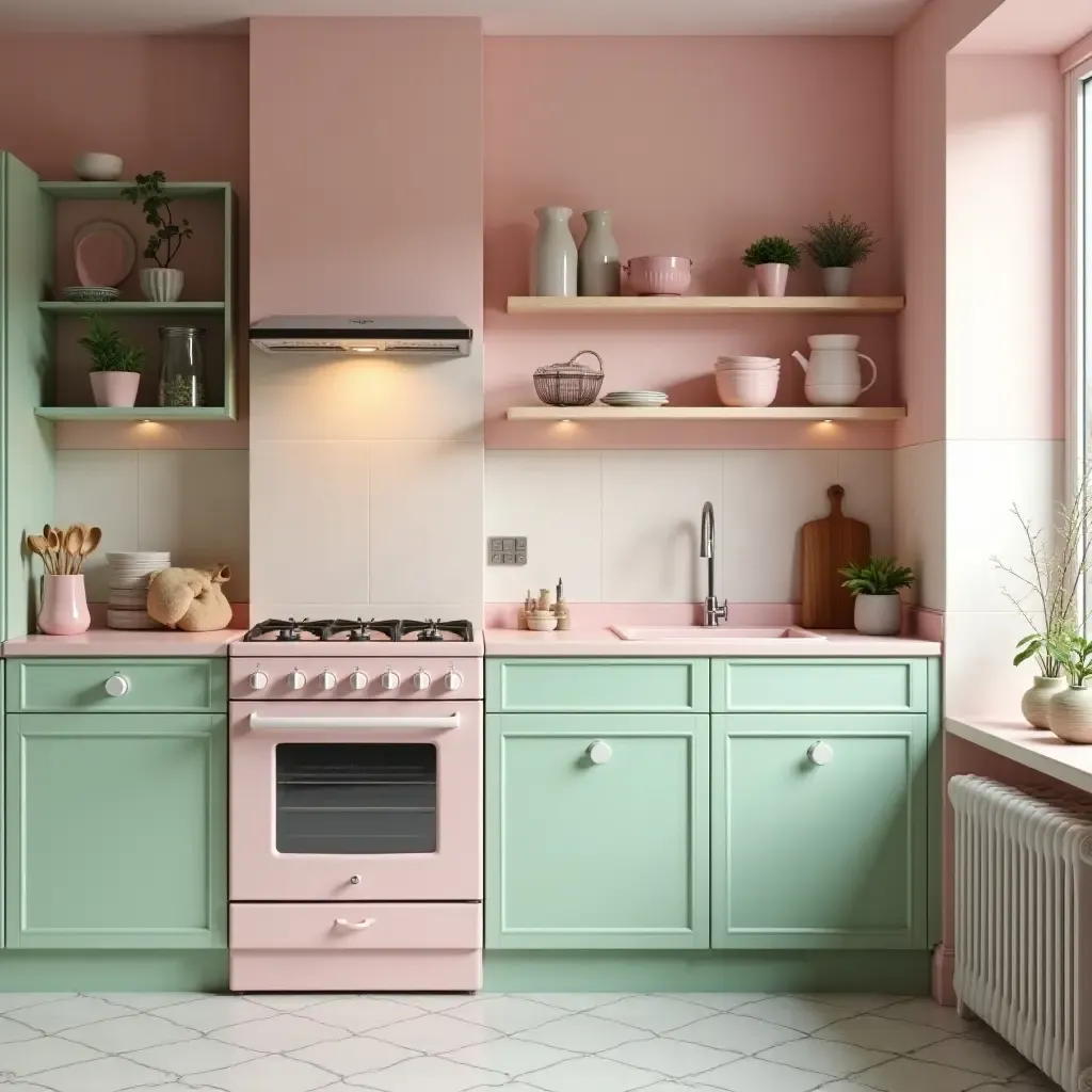 a photo of a pastel pink and mint green kitchen with vintage touches