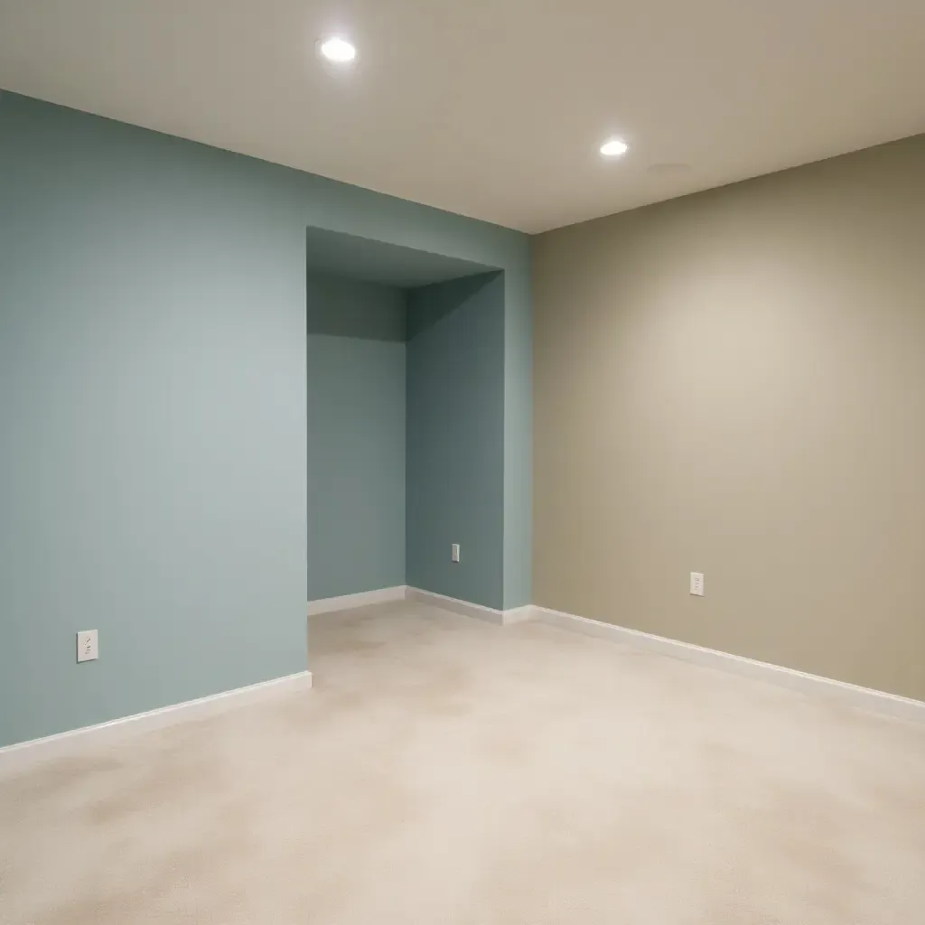 a photo of a basement with a calming palette of sky blue and sandy beige