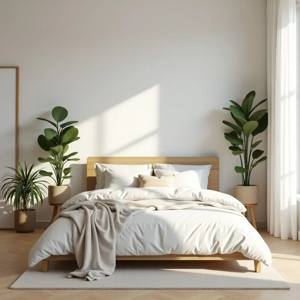 a photo of a minimalist bedroom with natural wood accents and potted plants