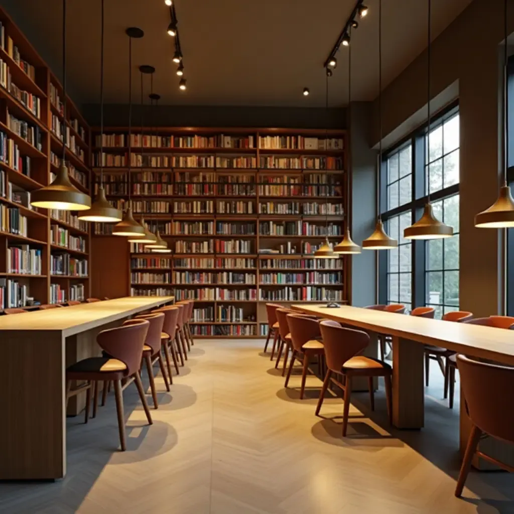 a photo of a library featuring pendant lights with adjustable heights