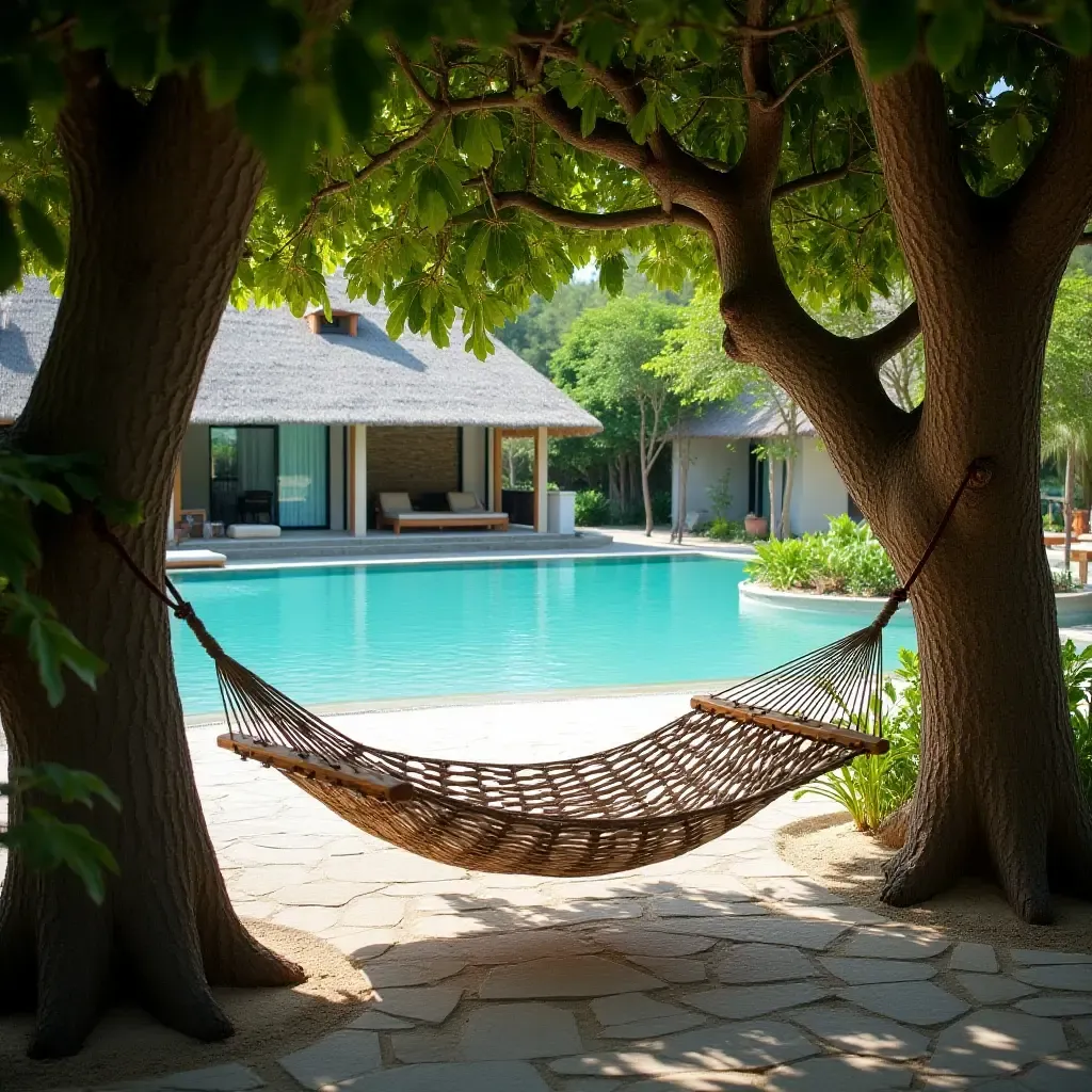 a photo of a wooden hammock strung between trees by the pool