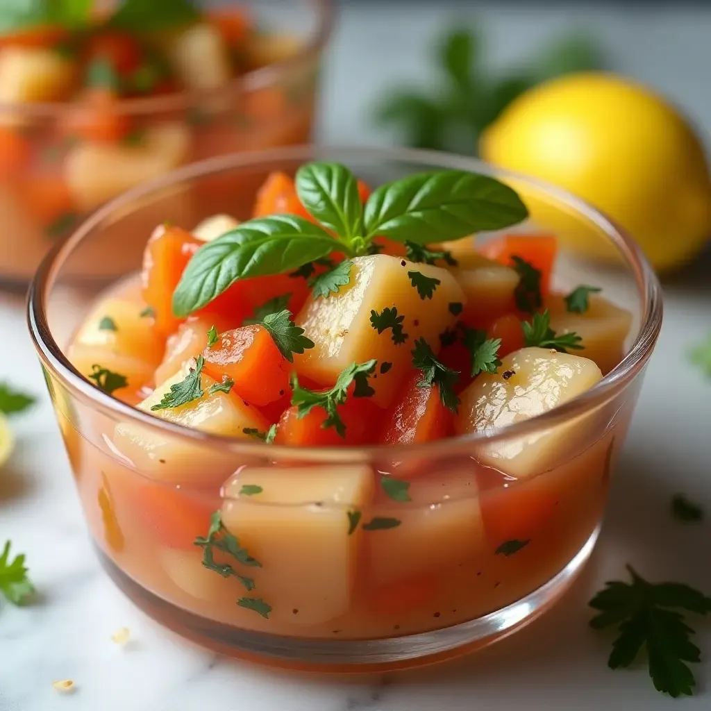 a photo of salted cod ceviche with citrus marinade, fresh herbs, served in a glass bowl