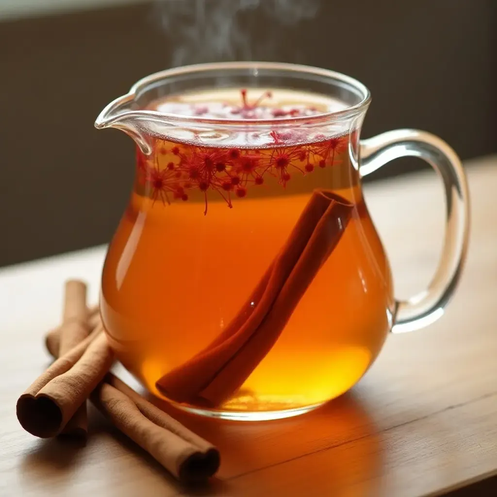 a photo of saffron-infused tea in a glass teapot with cinnamon sticks.