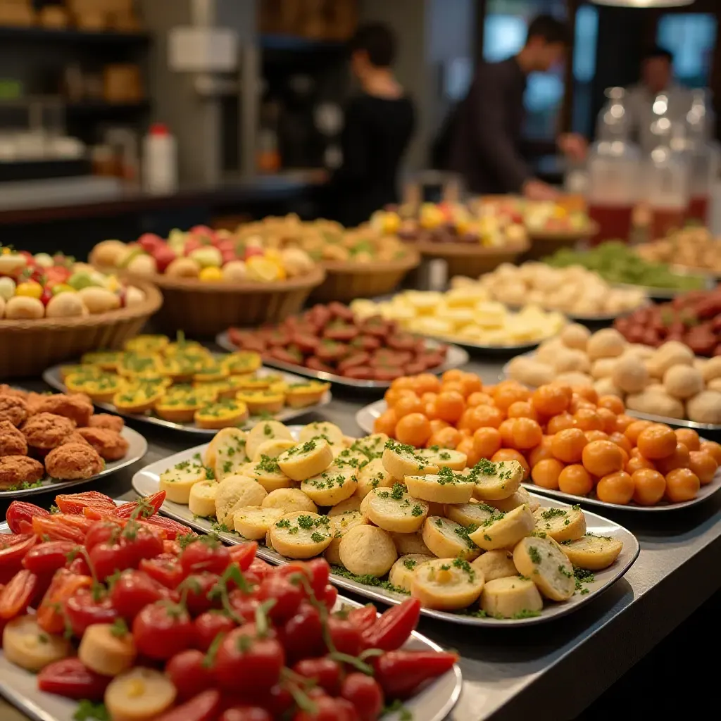 a photo of a colorful Basque pintxos bar with assorted small plates on display.