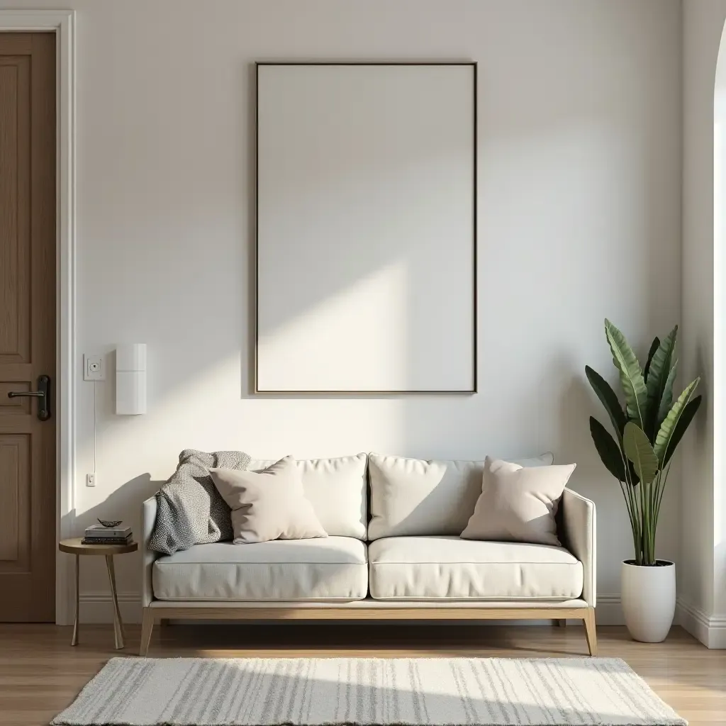 a photo of a modern entryway with a chic sofa and stylish accessories