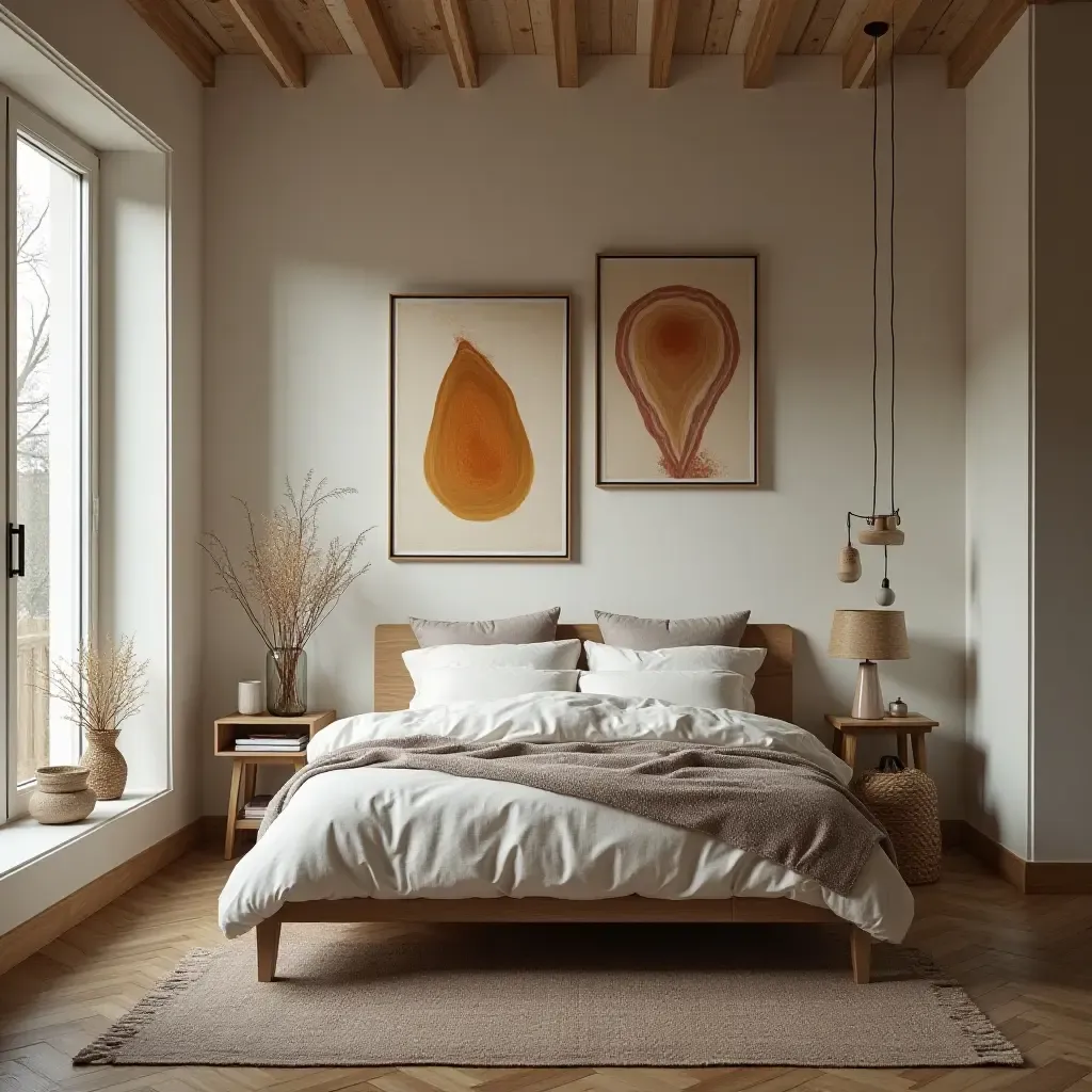 a photo of a bedroom with artistic wall hangings and a cozy atmosphere