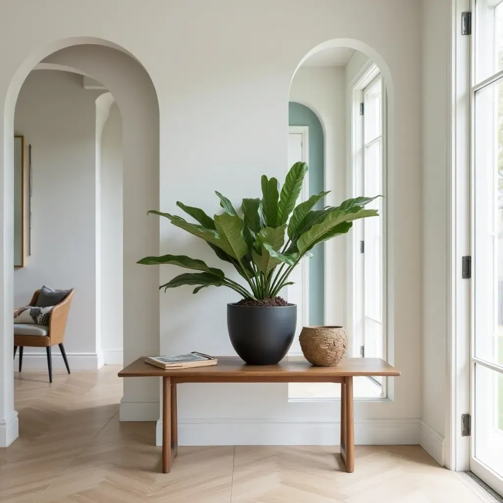 a photo of a modern foyer with a statement plant centerpiece on a table