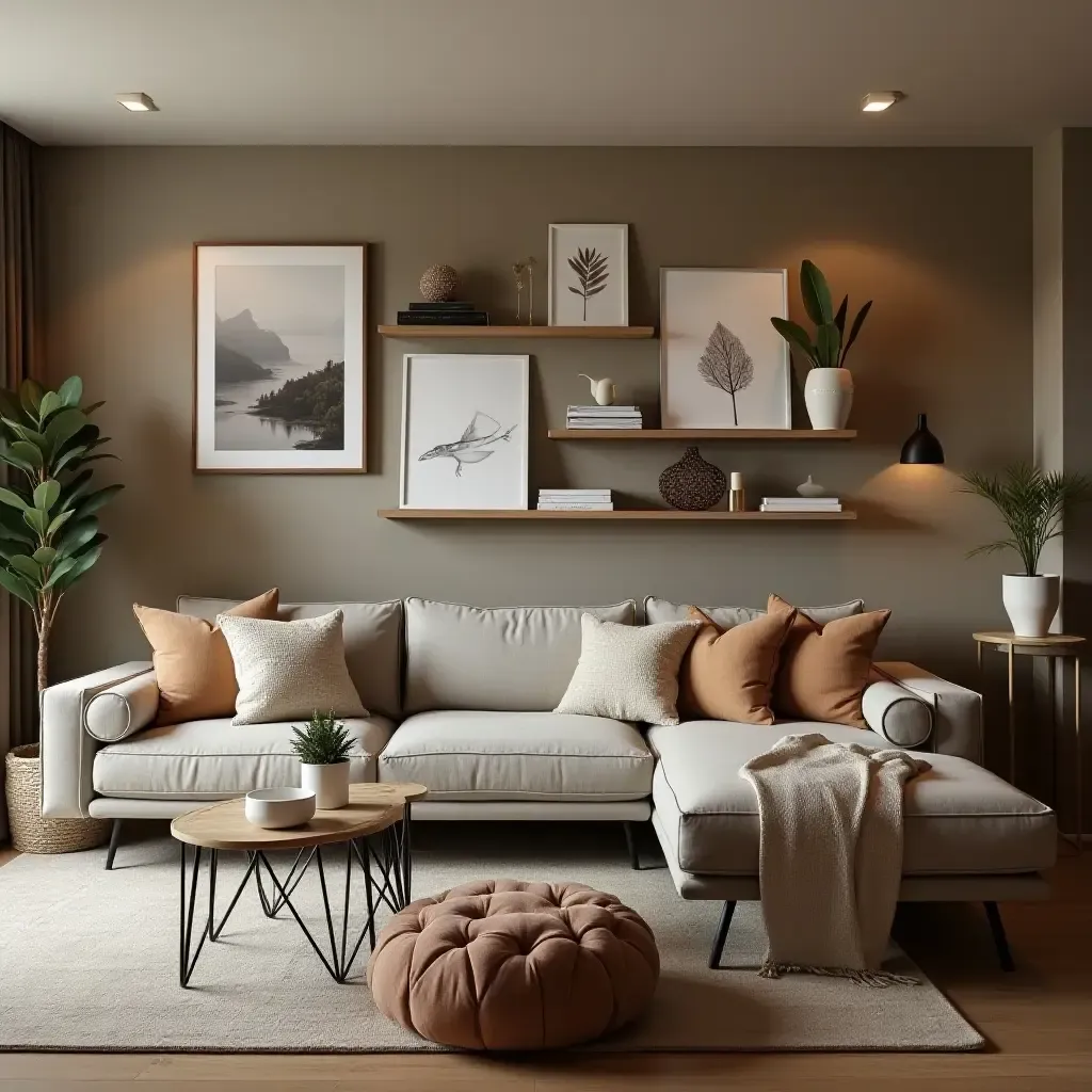 a photo of a stylish wall with floating shelves displaying art in a basement