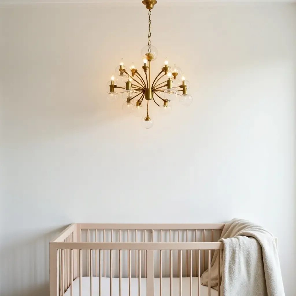 a photo of a nursery with a metallic gold chandelier hanging from the ceiling