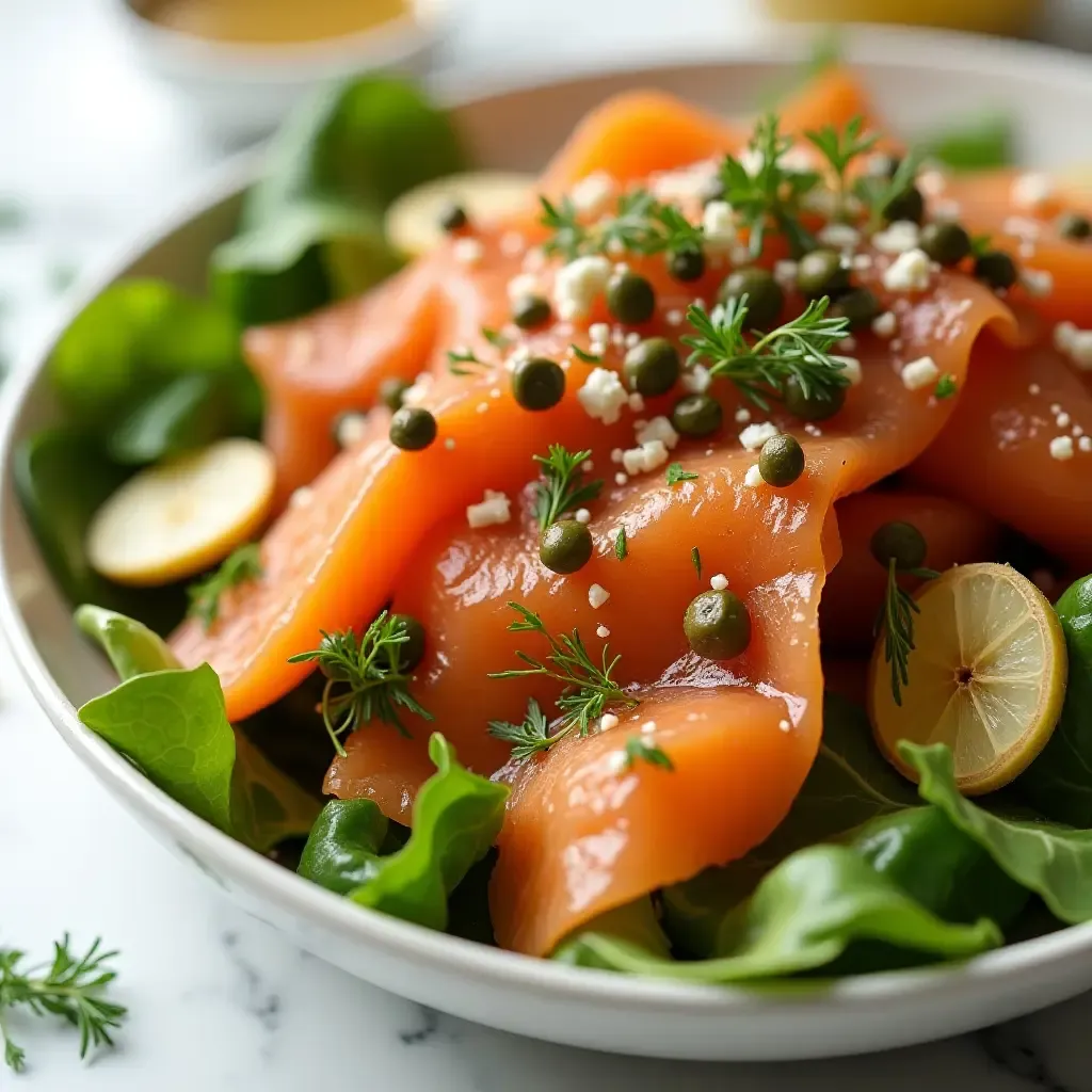 a photo of a Greek salad with smoked salmon, capers, and a dill-mustard dressing.