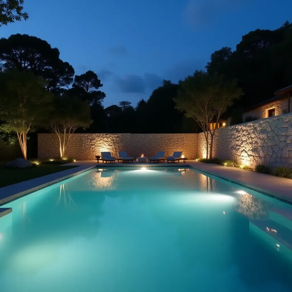 a photo of a tranquil pool with a stone wall and minimalist lighting