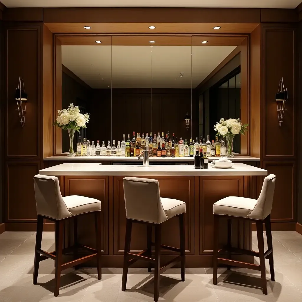 a photo of a glamorous basement bar with a mirrored backsplash and plush bar stools