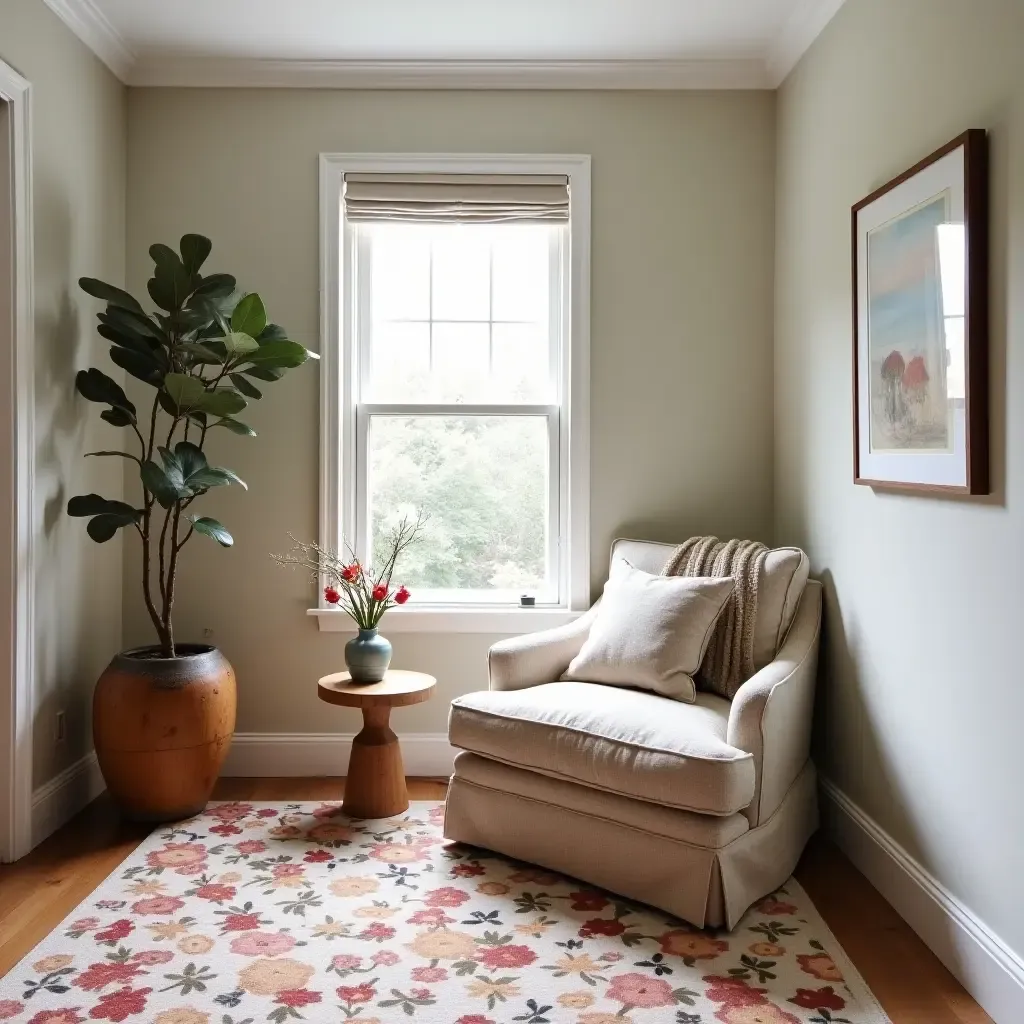 a photo of a floral-patterned rug adding charm to a basement reading nook