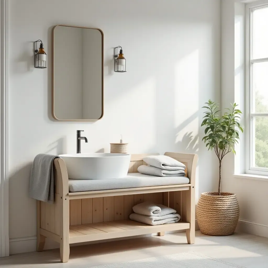 a photo of a cozy bathroom featuring a stylish storage bench