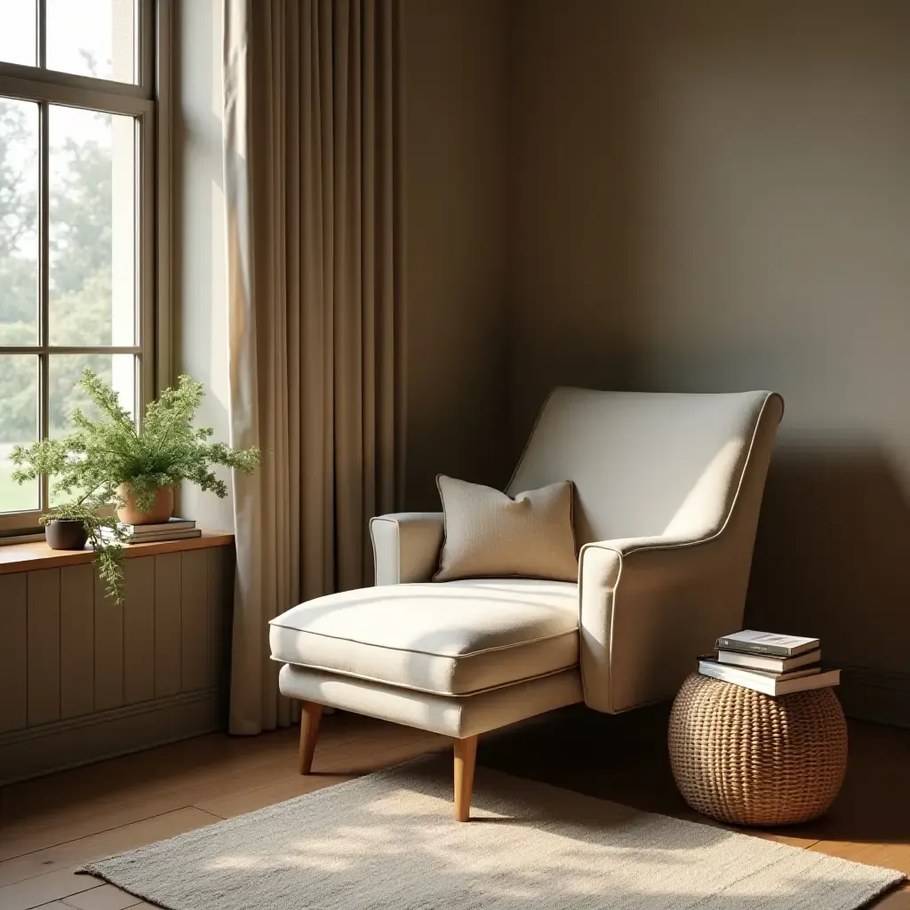 a photo of a reading nook with a comfortable chaise and a stack of books