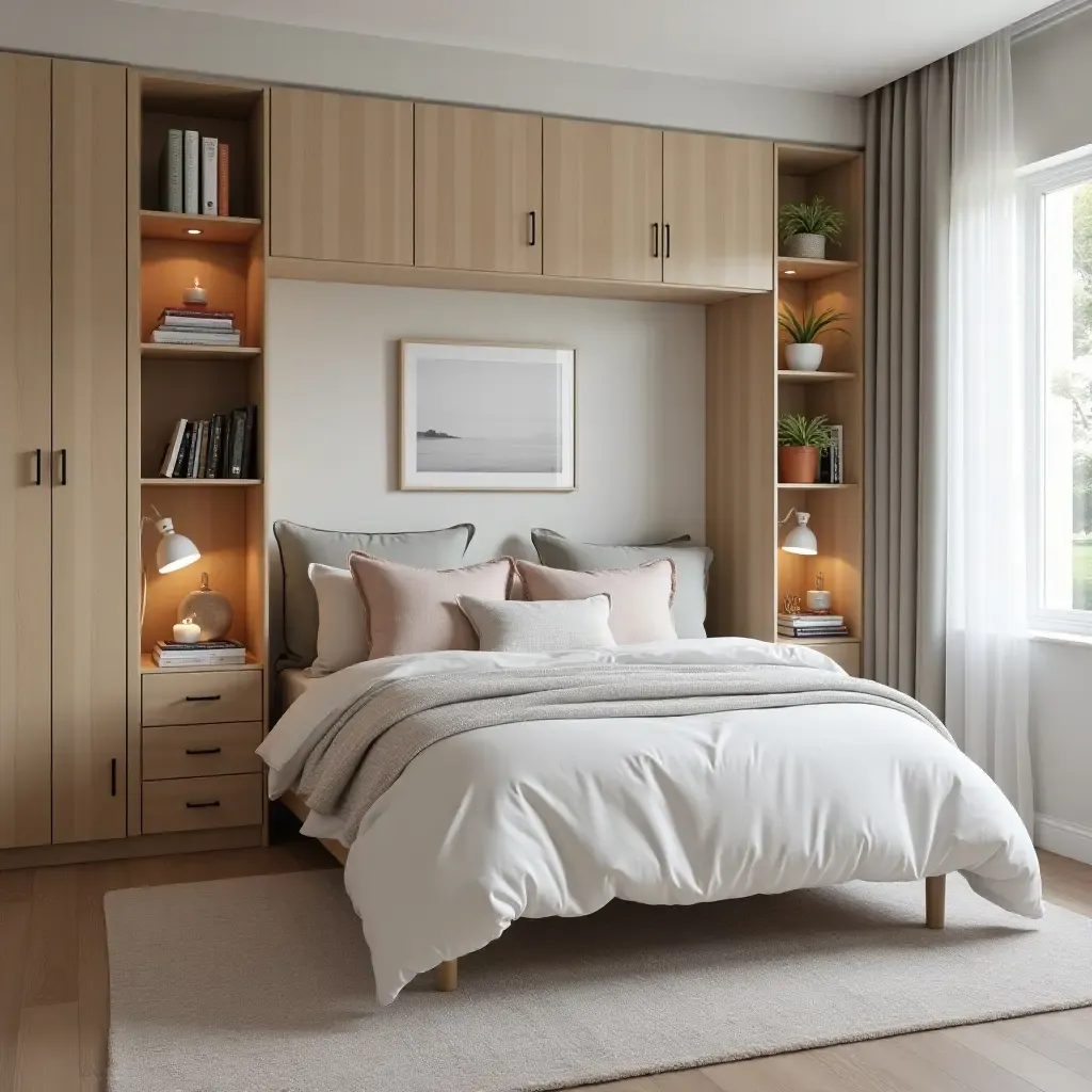 a photo of a teen bedroom with a hidden storage headboard