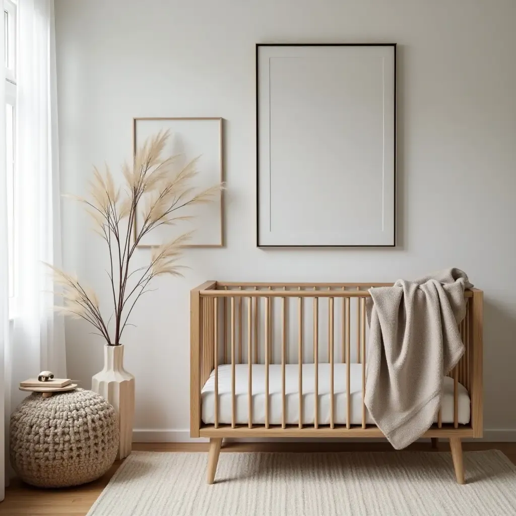 a photo of a modern nursery blending fabric, wood, and metal elements