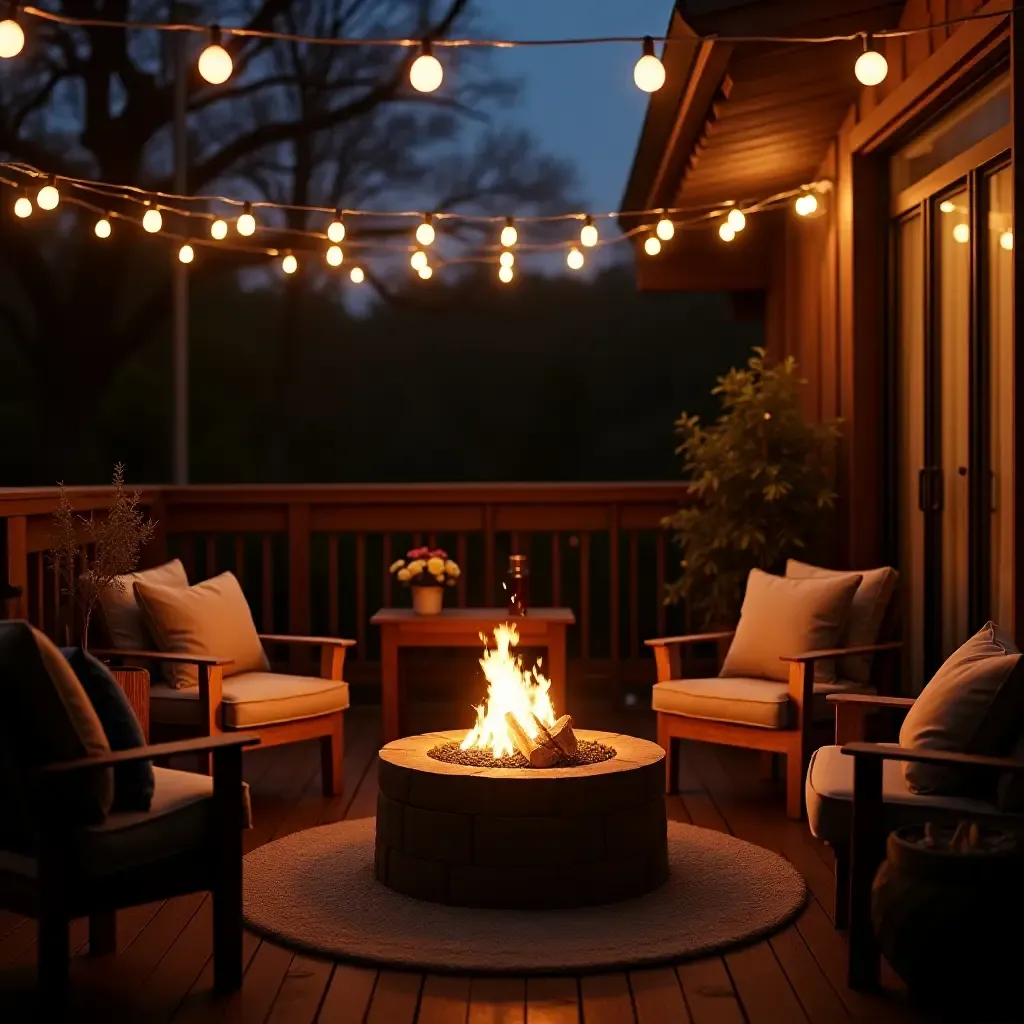 a photo of a cozy balcony with a fire pit and string lights overhead