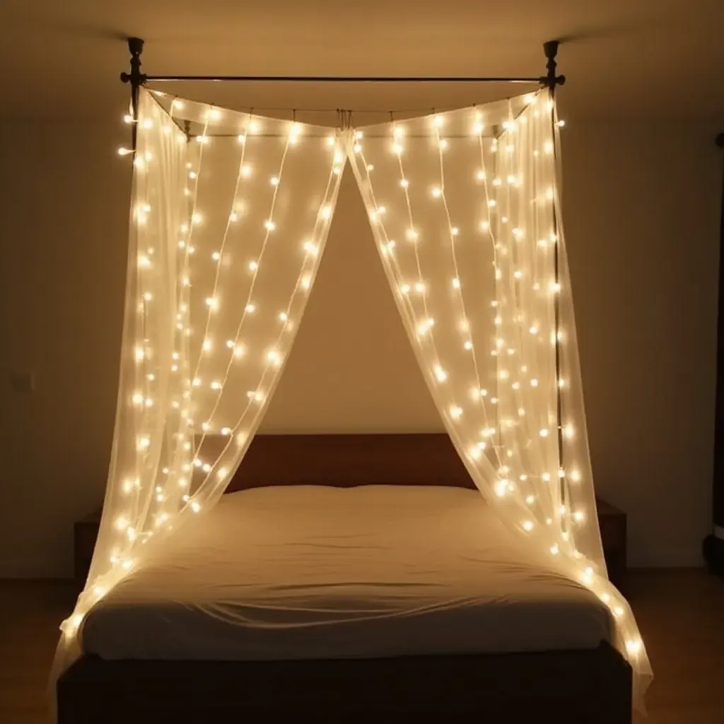 a photo of a DIY fairy light canopy above a bed