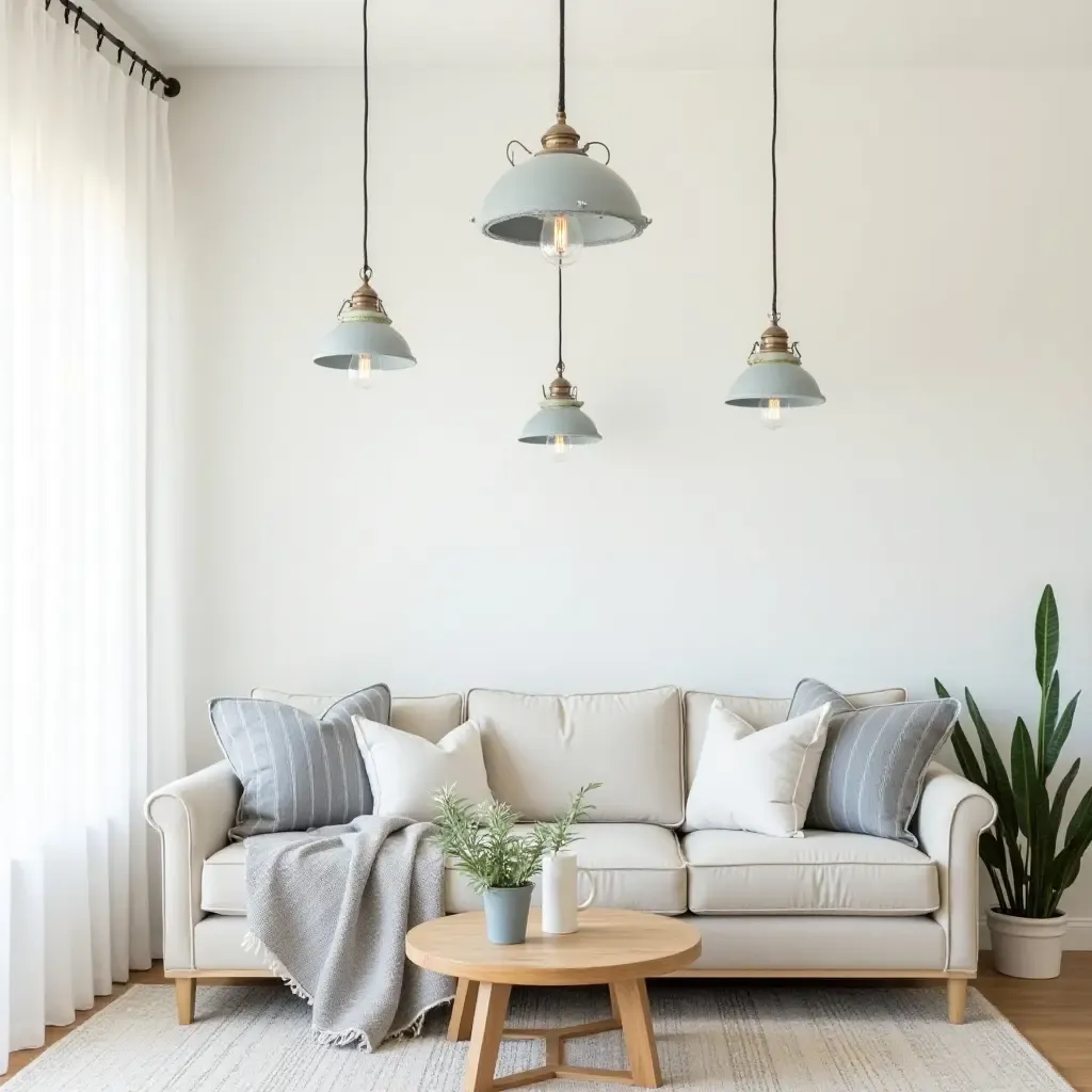 a photo of a coastal living room featuring nautical-themed pendant lights and airy decor