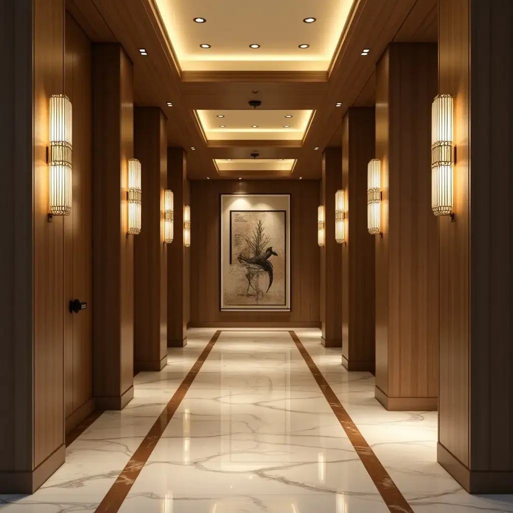 a photo of an elegant hallway with unique lighting fixtures and artwork